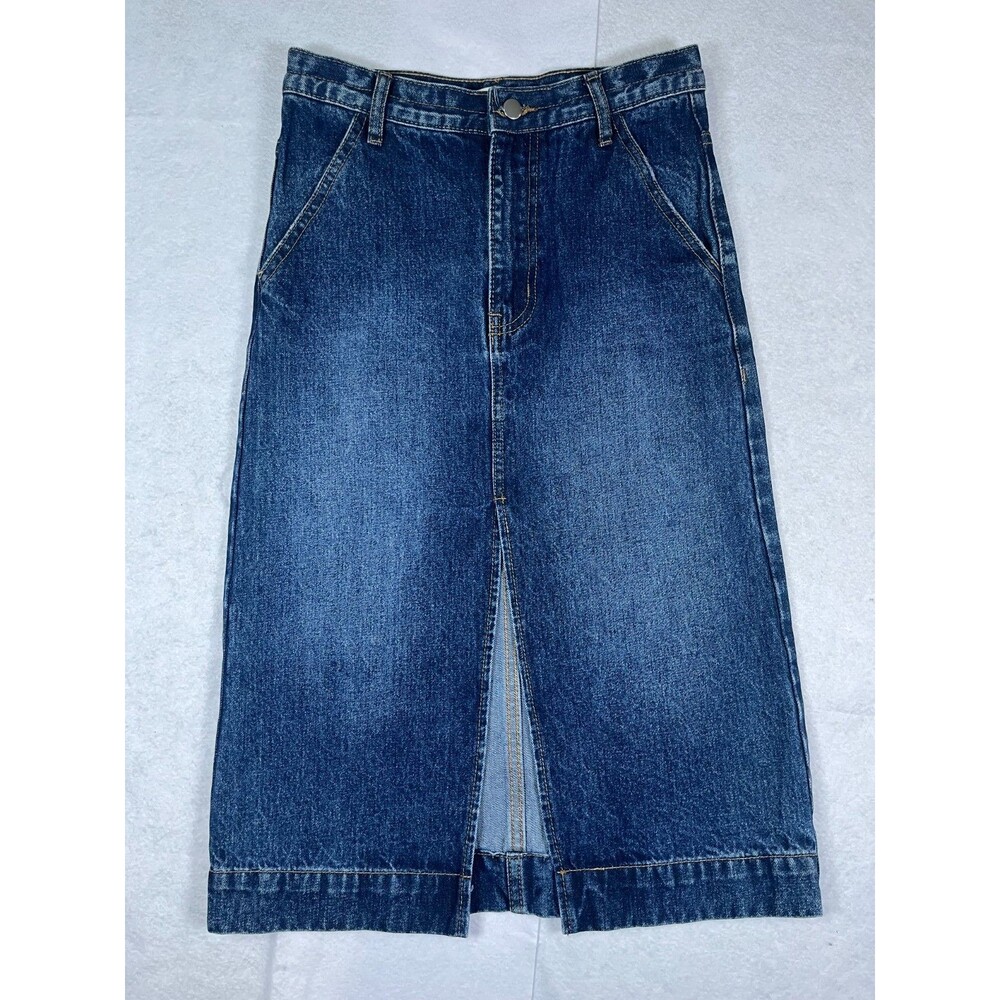 Lush Women's Denim Midi Skirt Blue Front Slit Size Tag Missing Approx 28 Waist